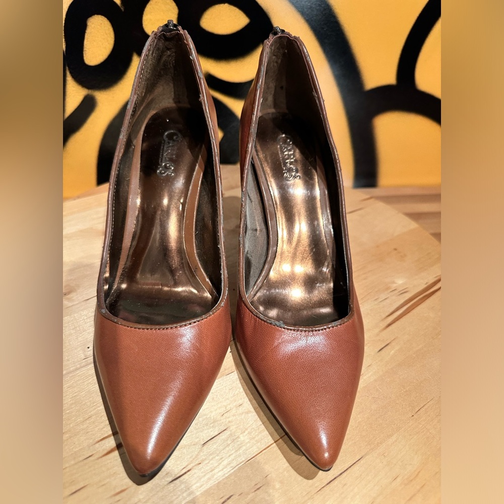 Terracotta Brown leather pumps, 3.5” heel size 7.  Shoe by Carlos Santana.